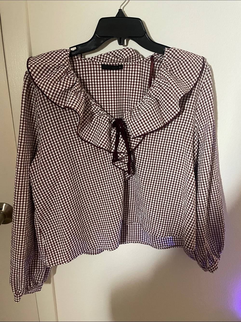 Zara Women's Burgundy Gingham Ruffle Tie-Neck Blouse